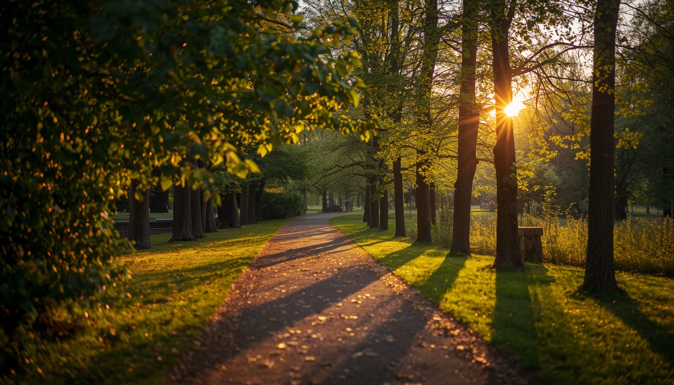 Morning walking path through Helsinki park at sunrise